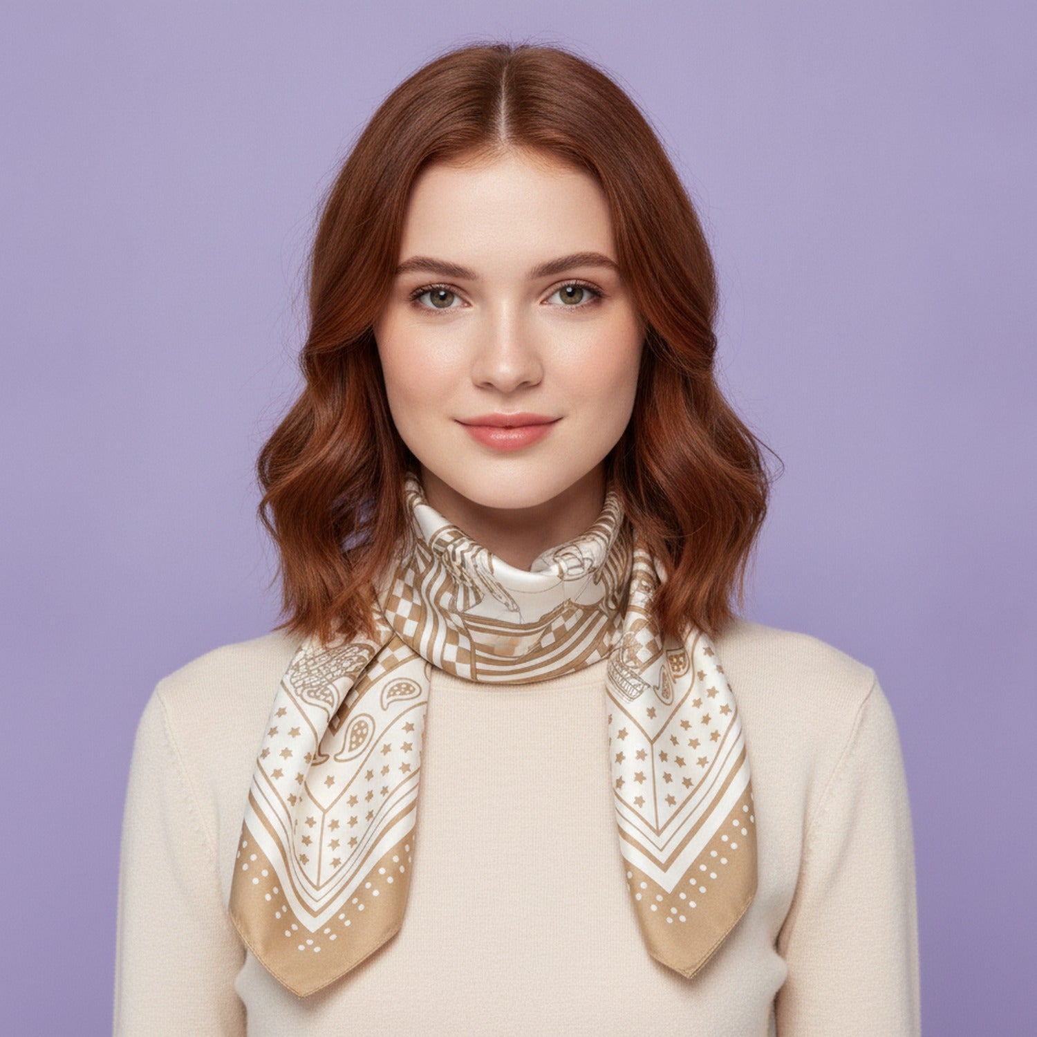 Tan Geometric Paisley Square Silk Scarf