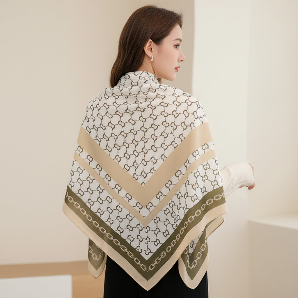 Chain Link Print Square Scarf Beige