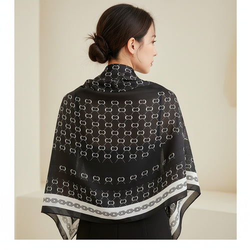 Black Chain Print Square Scarf With Border