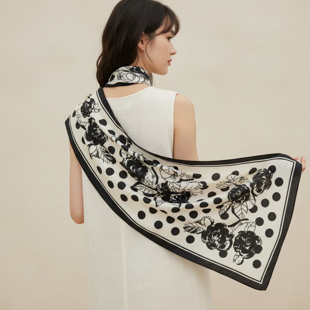 Floral Bandana Black And White Polka Dot Scarf