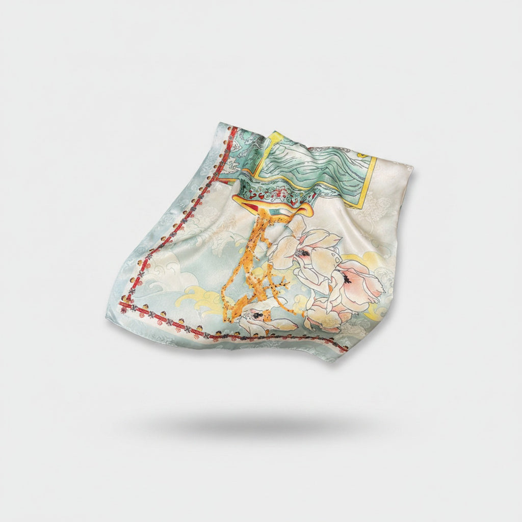 Vintage Map Silk Scarf With Floral Embroidery