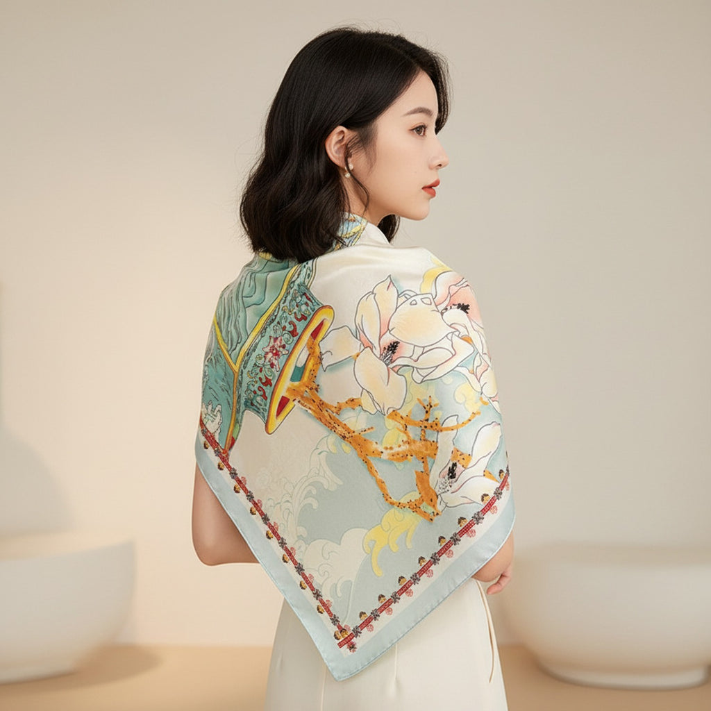Vintage Map Silk Scarf With Floral Embroidery