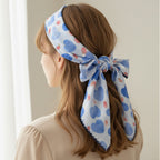 Blue Heart Print Scarf With Lace Trim