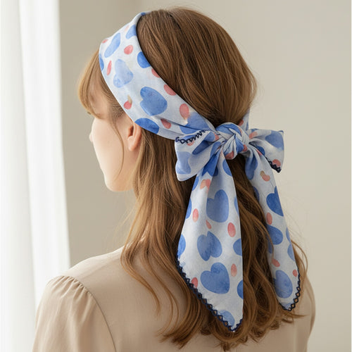 Blue Heart Print Scarf With Lace Trim