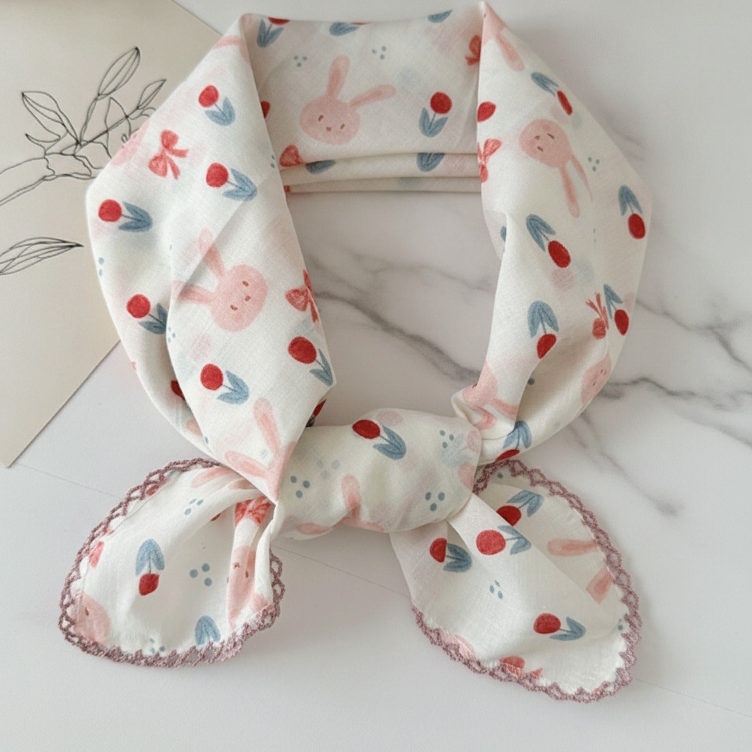 Strawberry Bunny Lace-Trimmed Collar Scarf