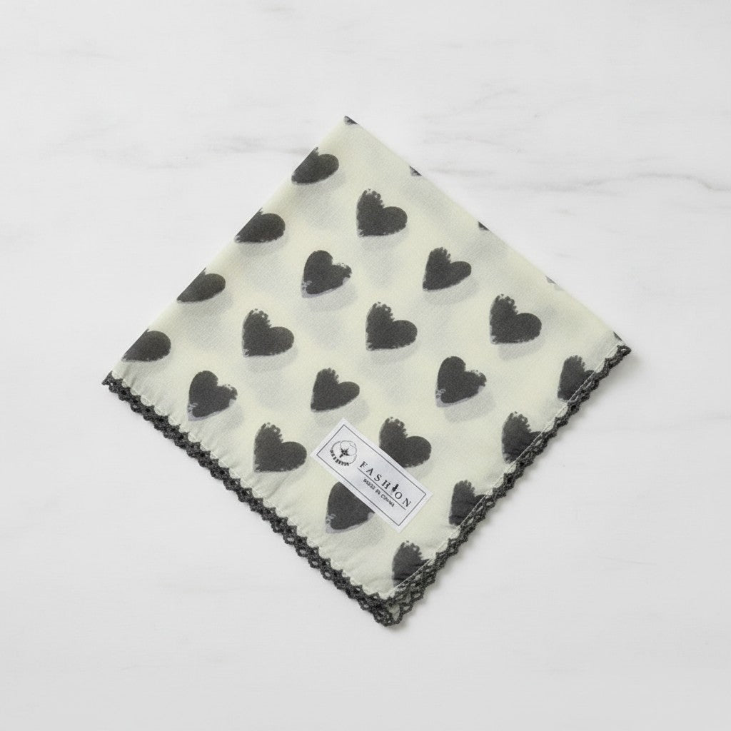 Black Heart Lace-Trimmed Cream Scarf