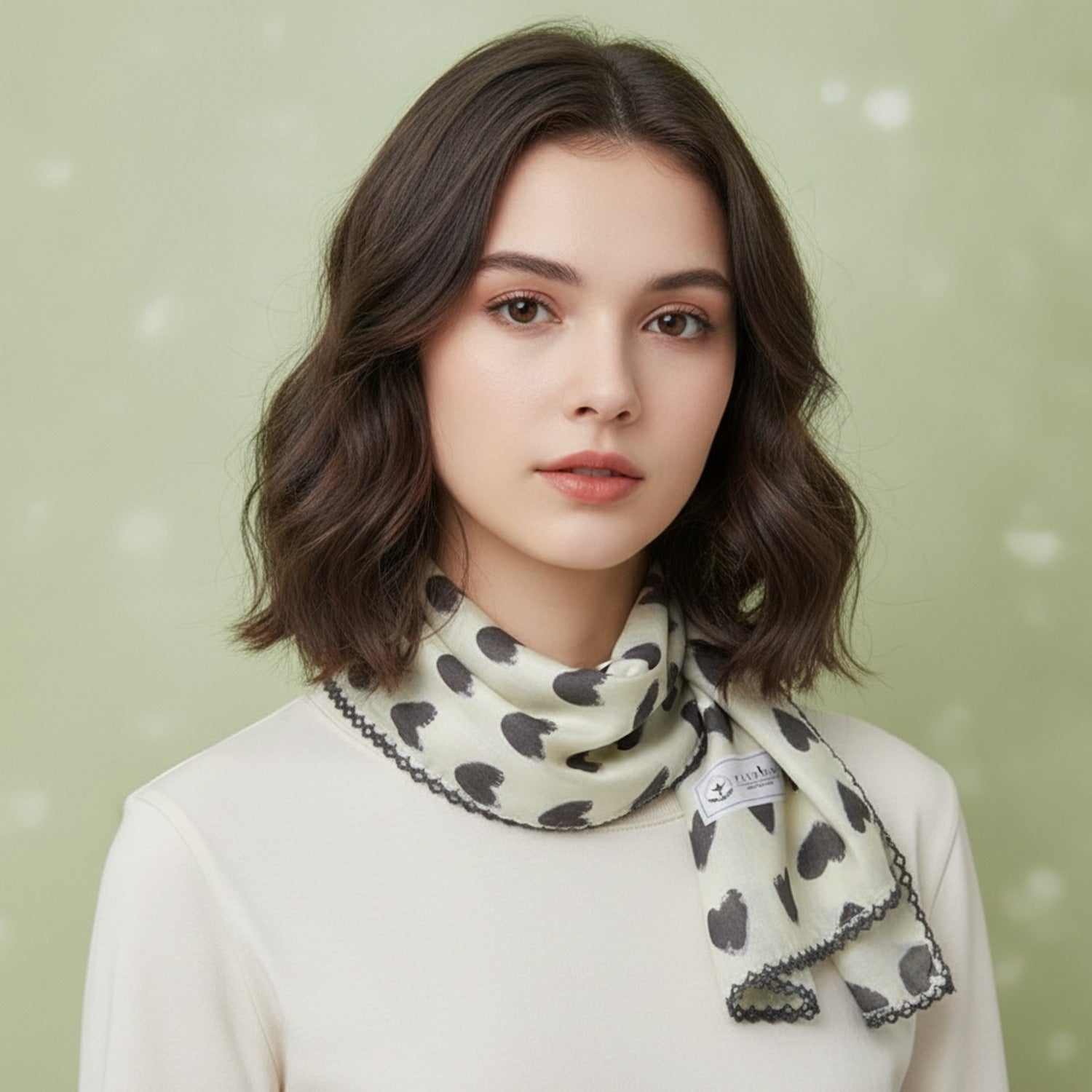 Black Heart Lace-Trimmed Cream Scarf