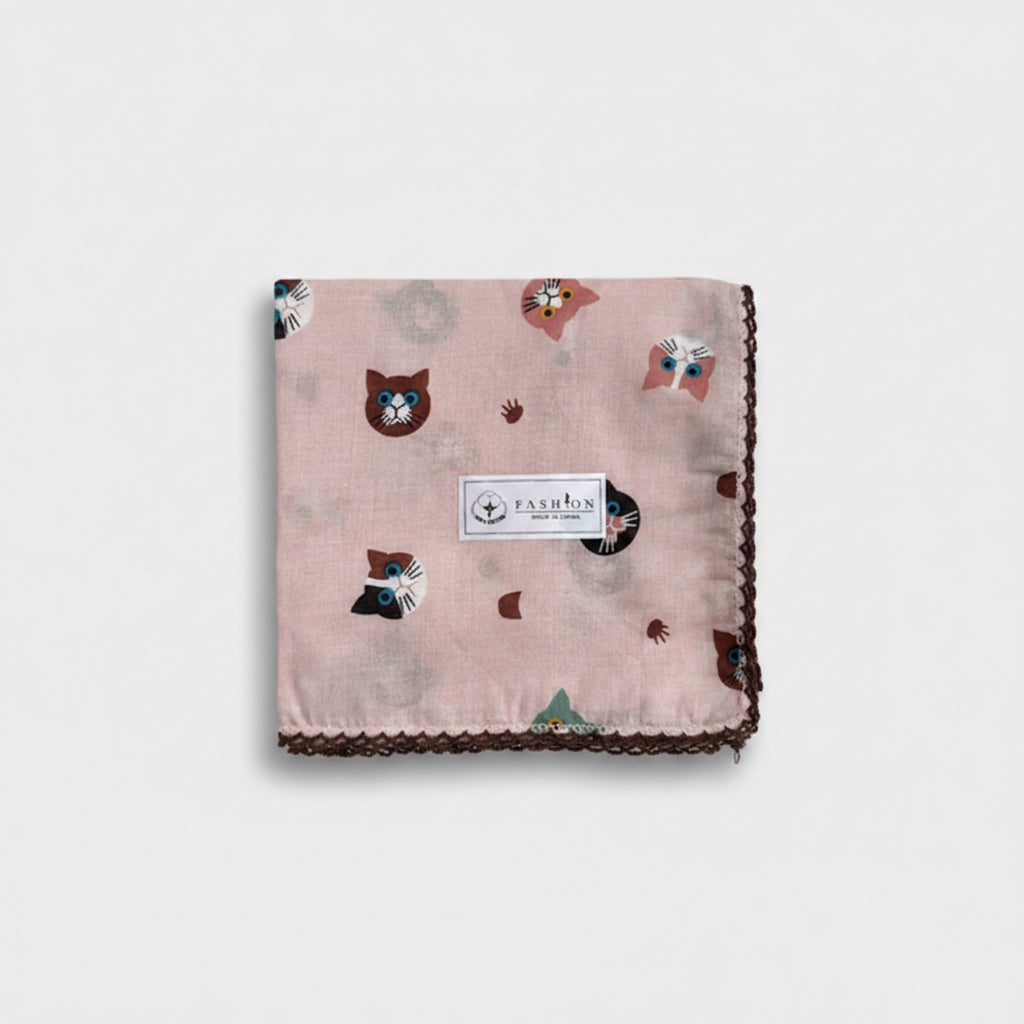 Cute Cat Print Square Scarf With Lace Trim