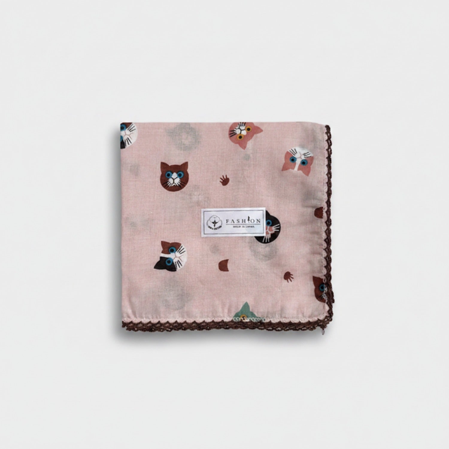 Cute Cat Print Square Scarf With Lace Trim