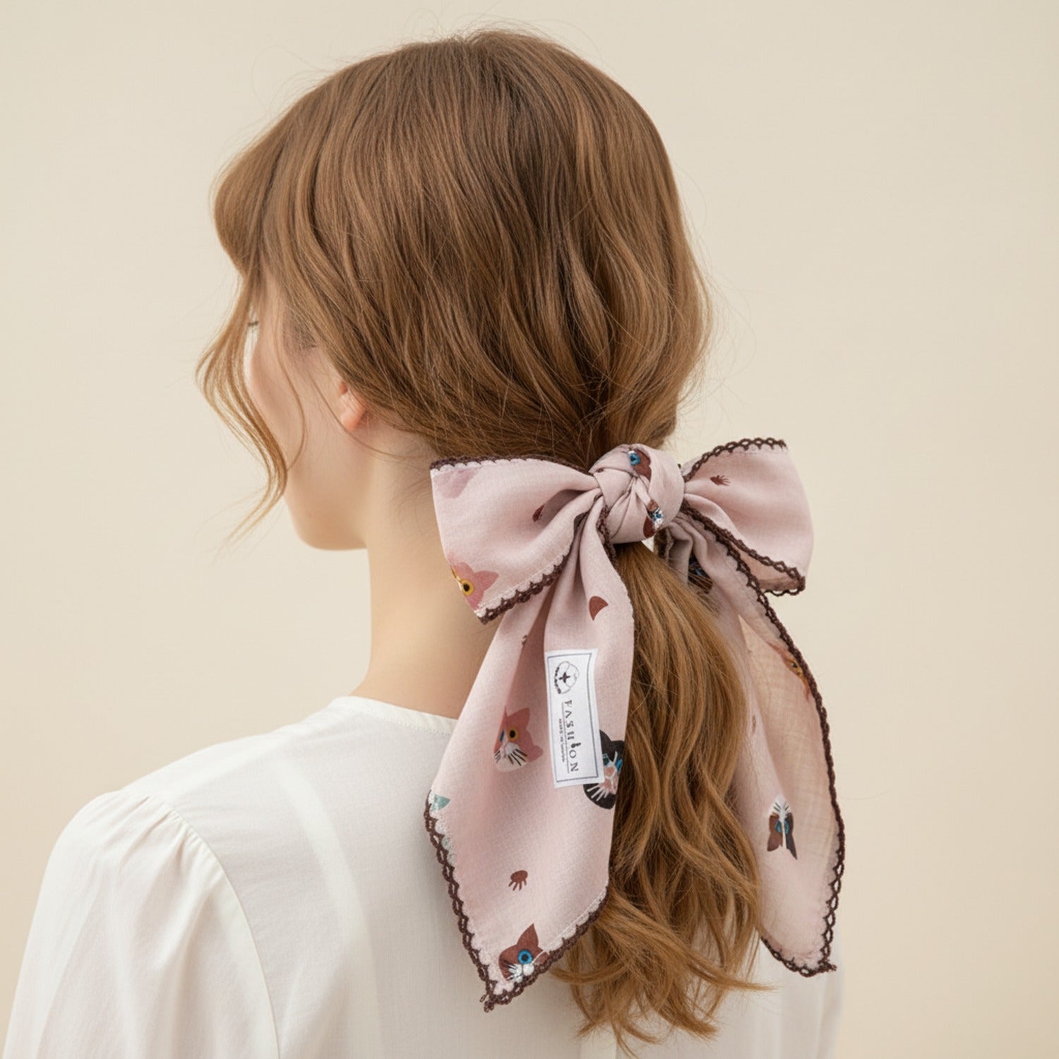 Cute Cat Print Square Scarf With Lace Trim