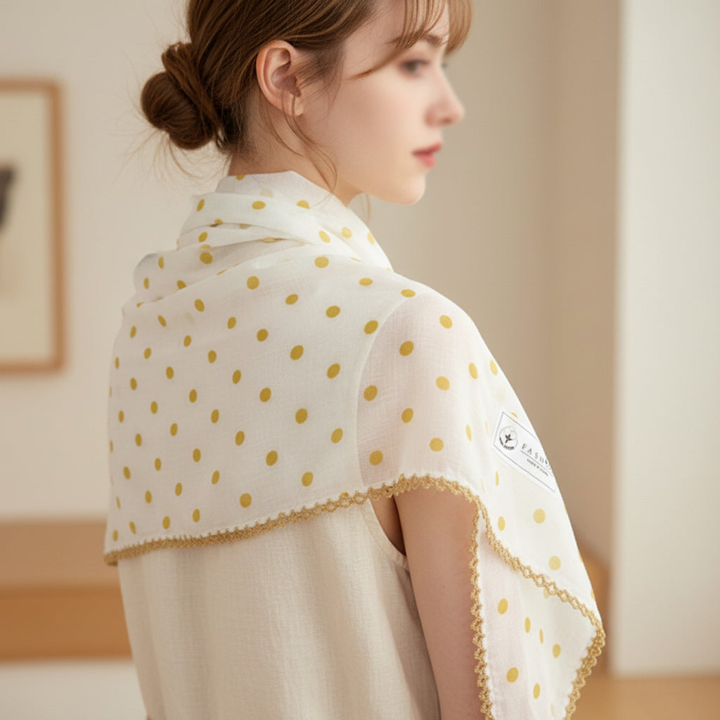 Gold Polka Dot Scarf With Crochet Trim