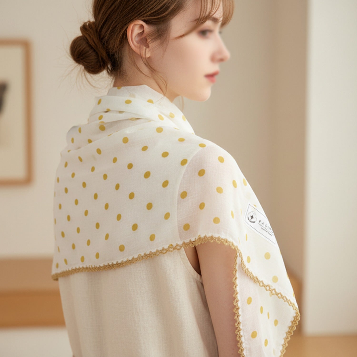 Gold Polka Dot Scarf With Crochet Trim