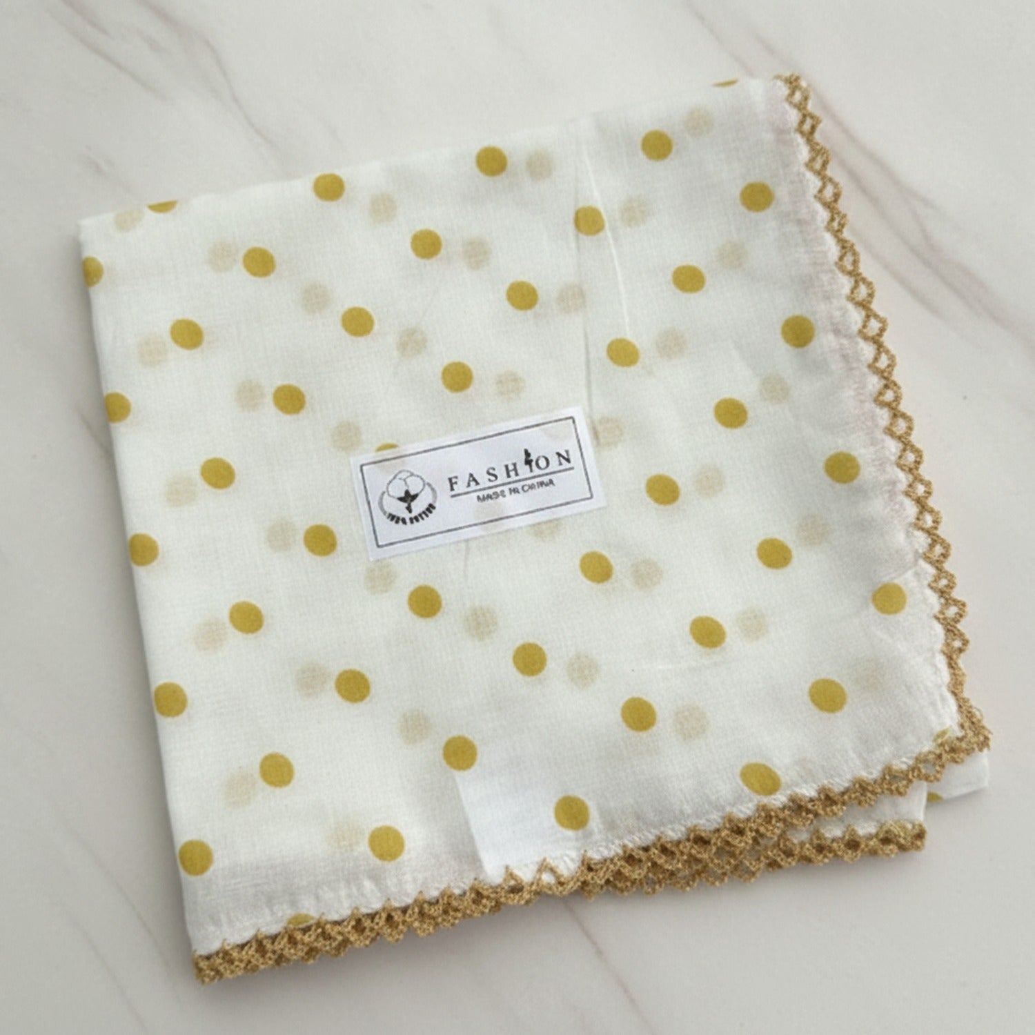 Gold Polka Dot Scarf With Crochet Trim