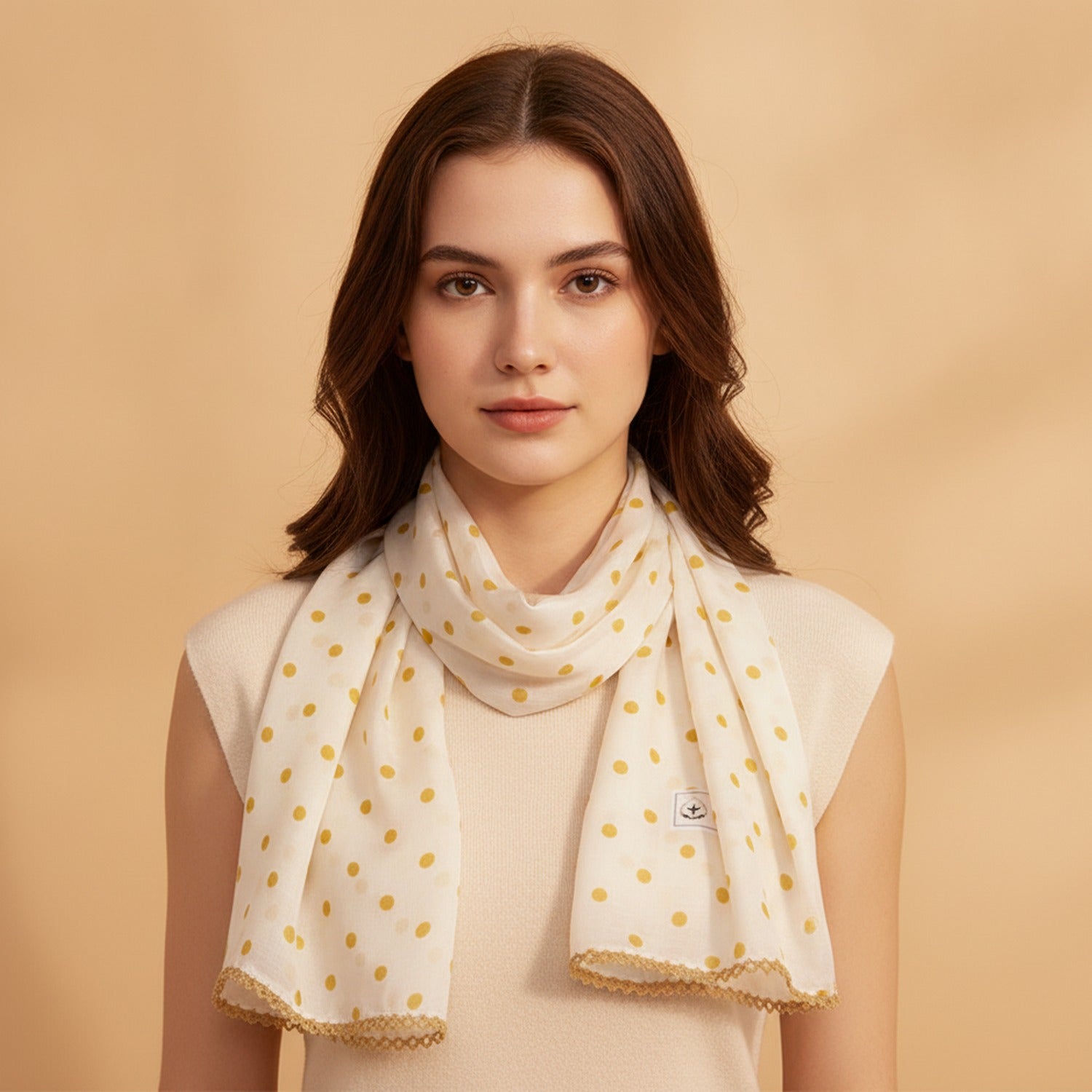 Gold Polka Dot Scarf With Crochet Trim