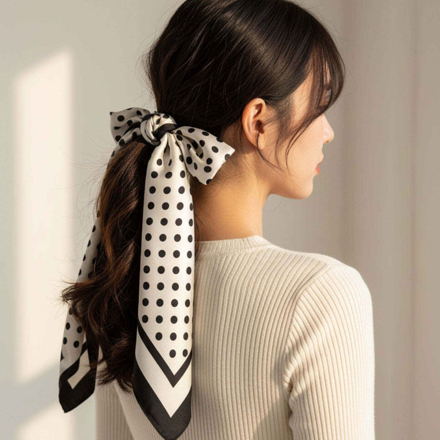 Polka Dot Silk Neck Scarf With Bow