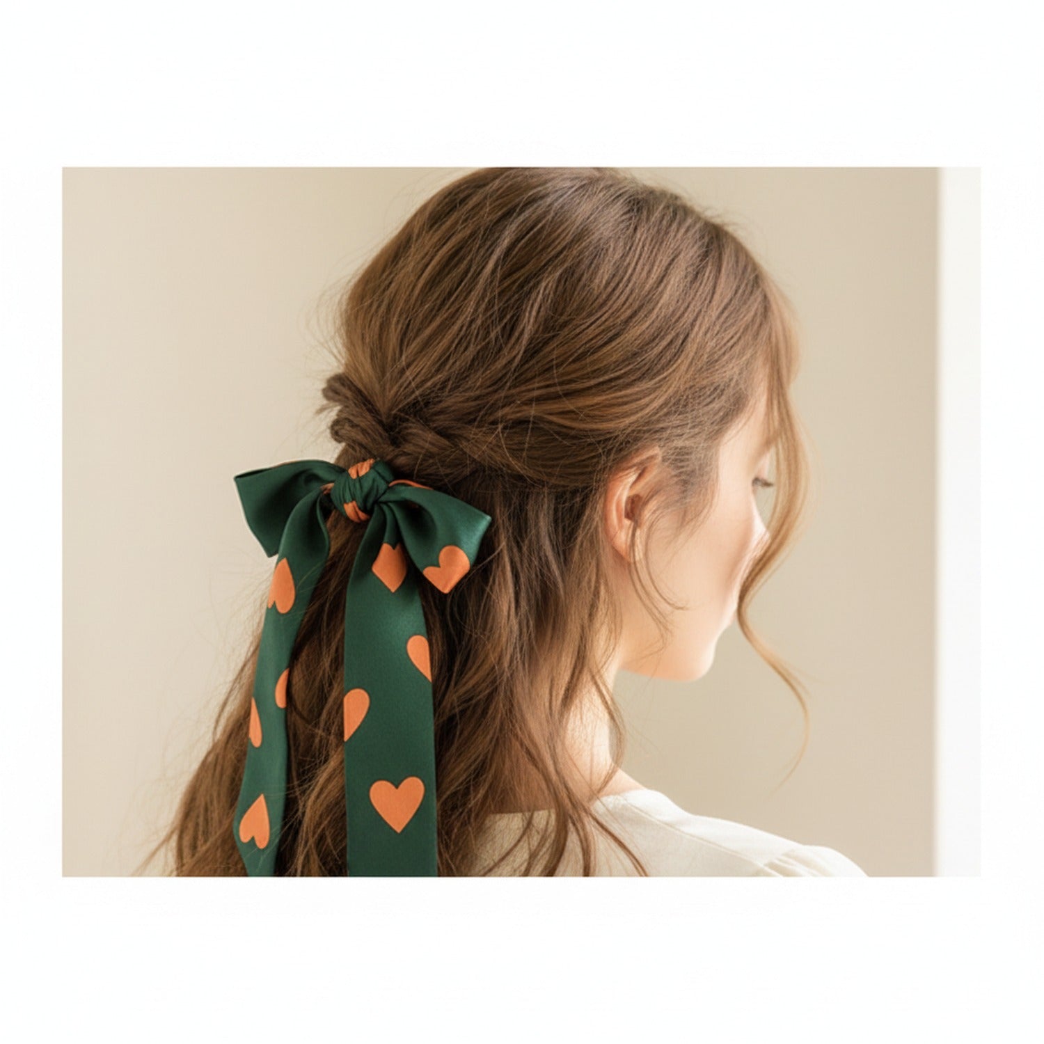 Green Heart Print Bow Hair Scarf