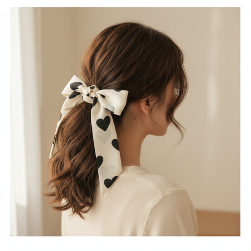 Black Heart Print Ivory Silk Neck Scarf