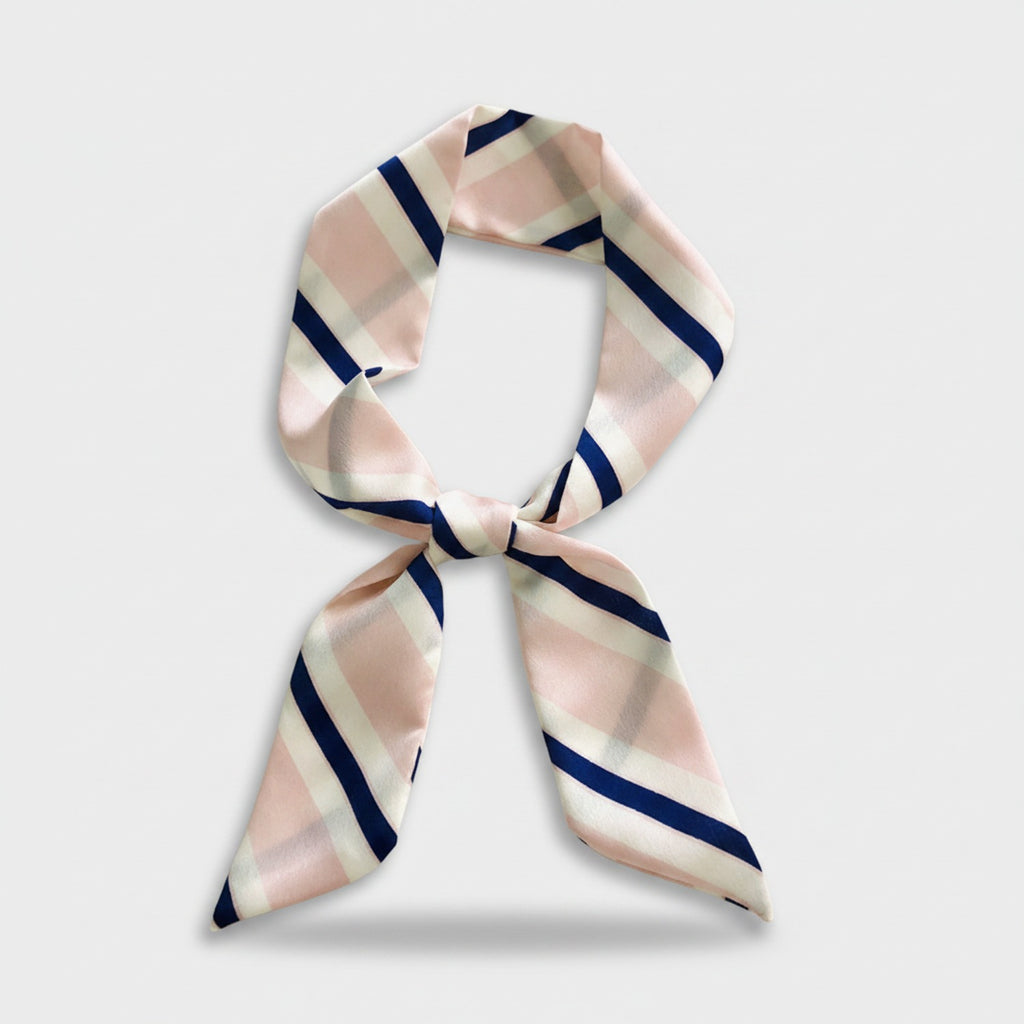 Striped Plaid Bow Scarf Navy Pink Cream