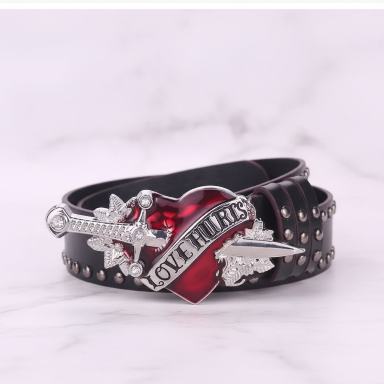 Black Leather Heart Dagger "Love Hurts" Belt