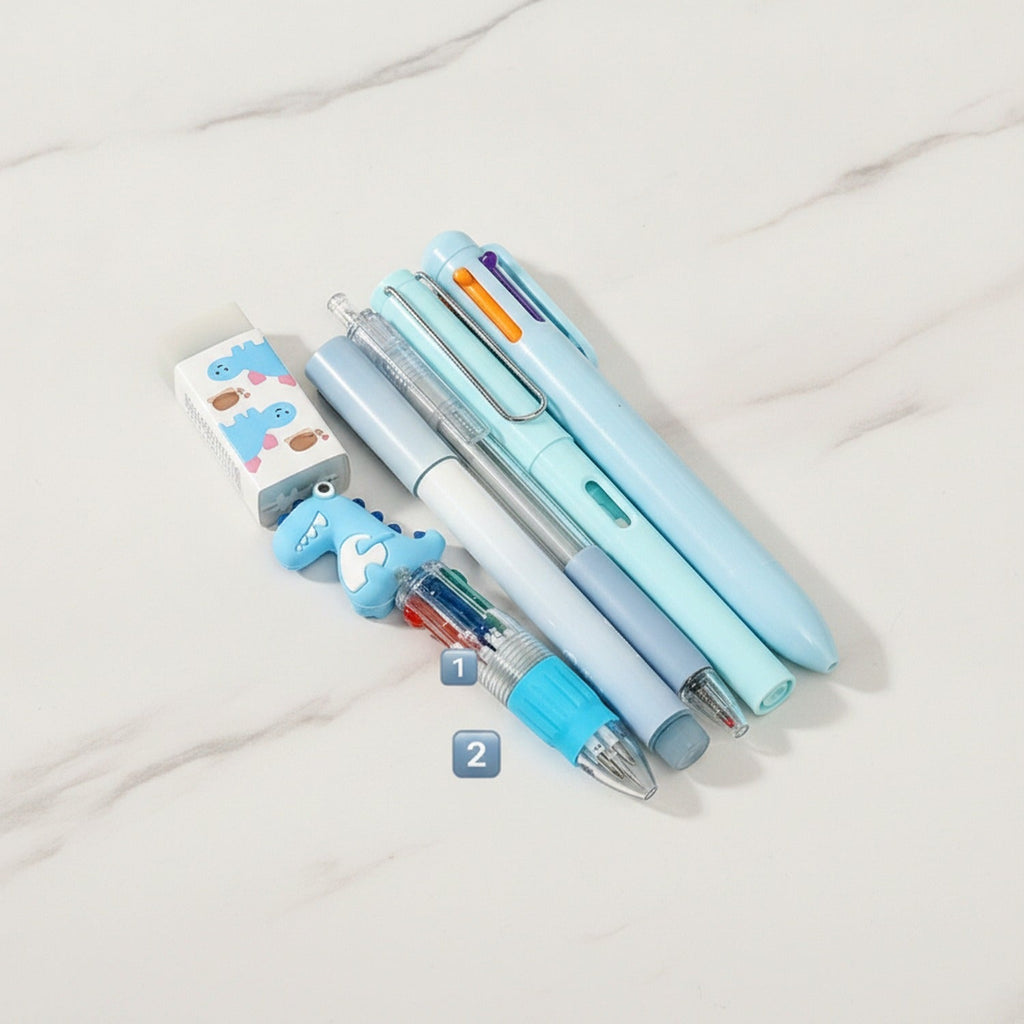 Cute Dinosaur Pen & Stationery Set - Blue 6-Piece Set