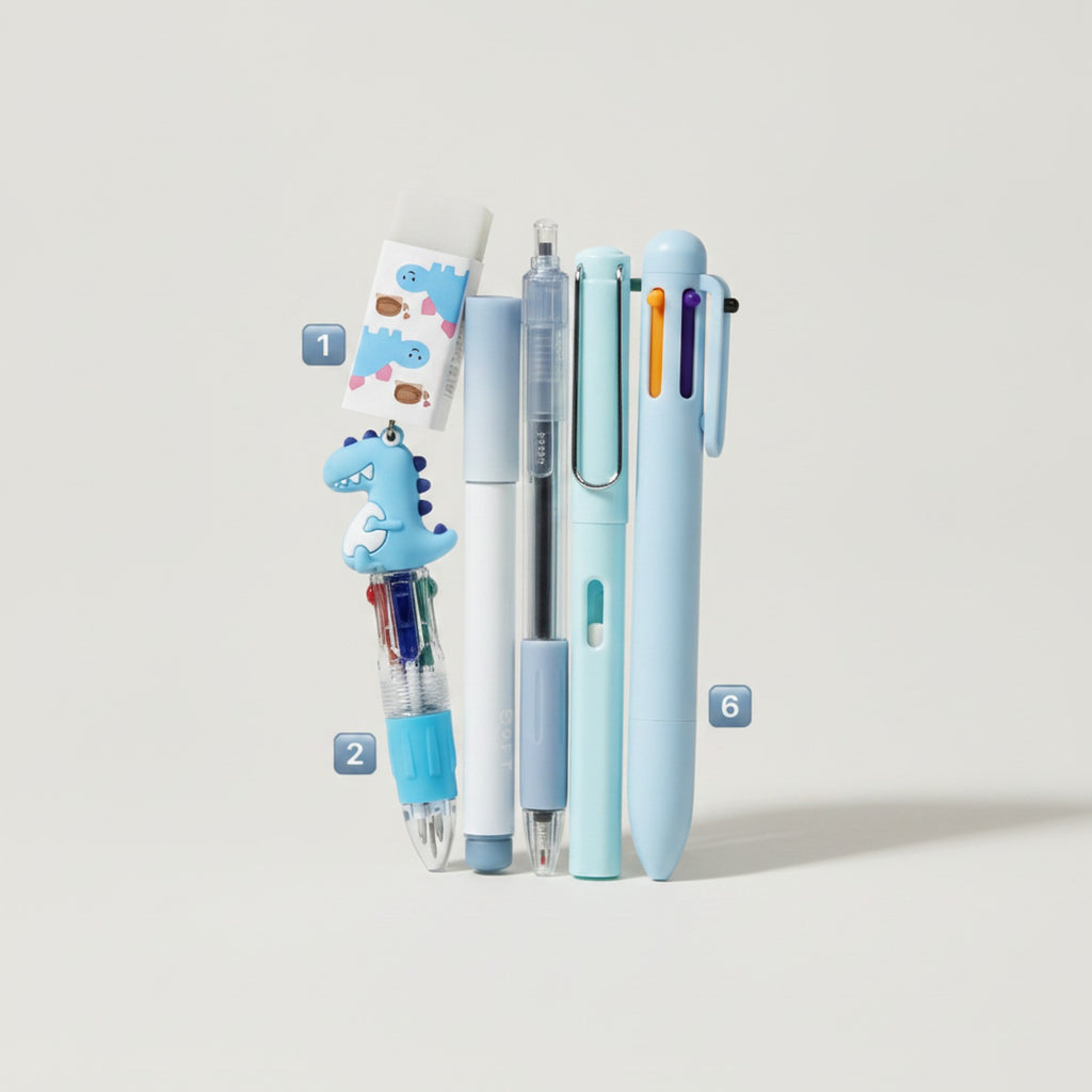 Cute Dinosaur Pen & Stationery Set - Blue 6-Piece Set