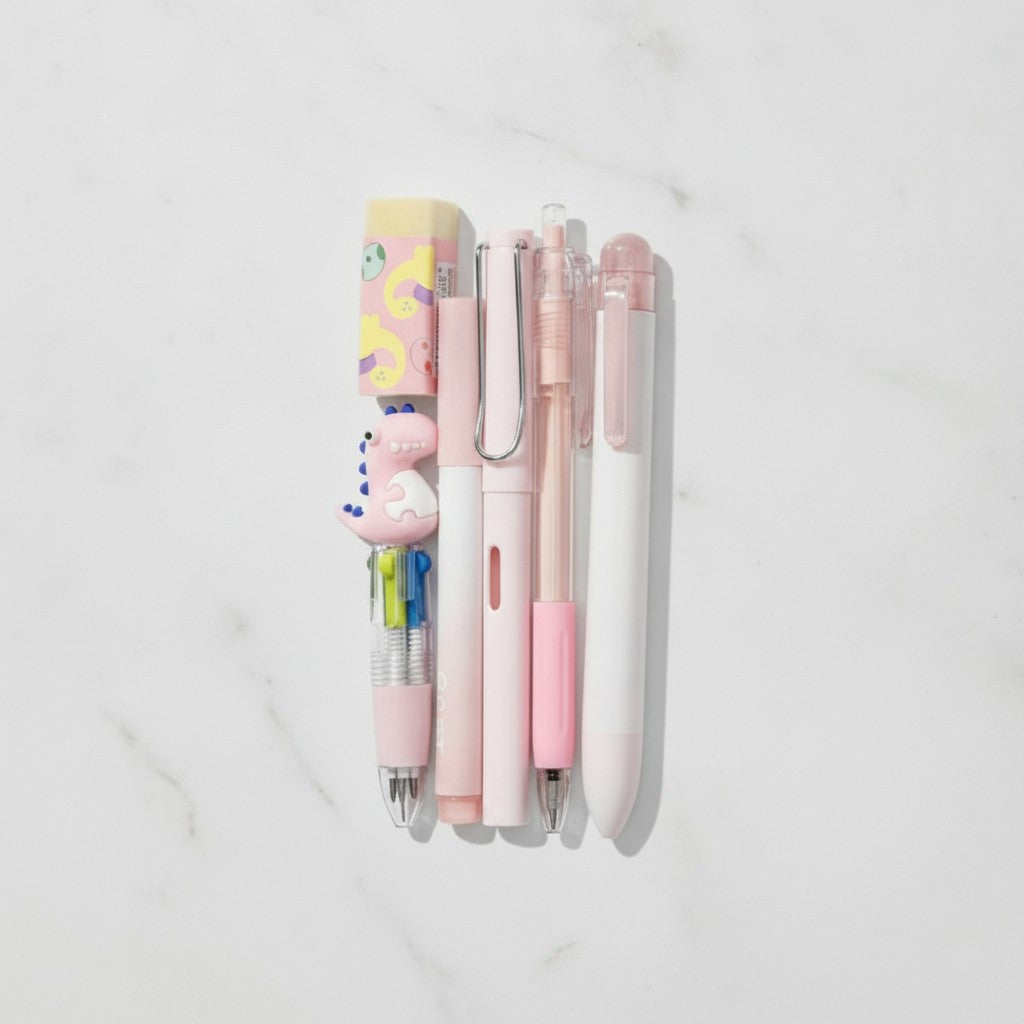 Cute Dinosaur Pen & Stationery Set - Pink Six Piece Set (view 2)