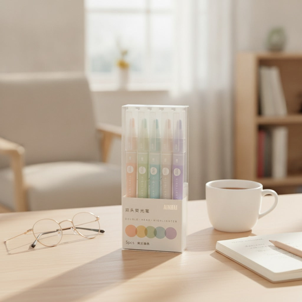 Double Head Highlighter Pen Set - 5 Piece Colors - Morandi Tone Series (5-Piece Set)