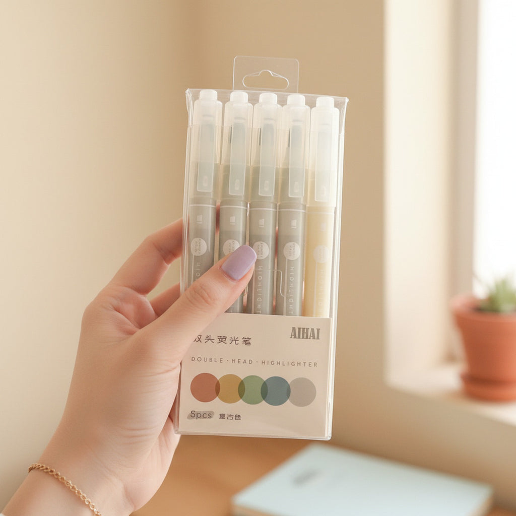 Double Head Highlighter Pen Set - 5 Piece Colors - Retro Color Set 5-Piece – stationery (view 3)