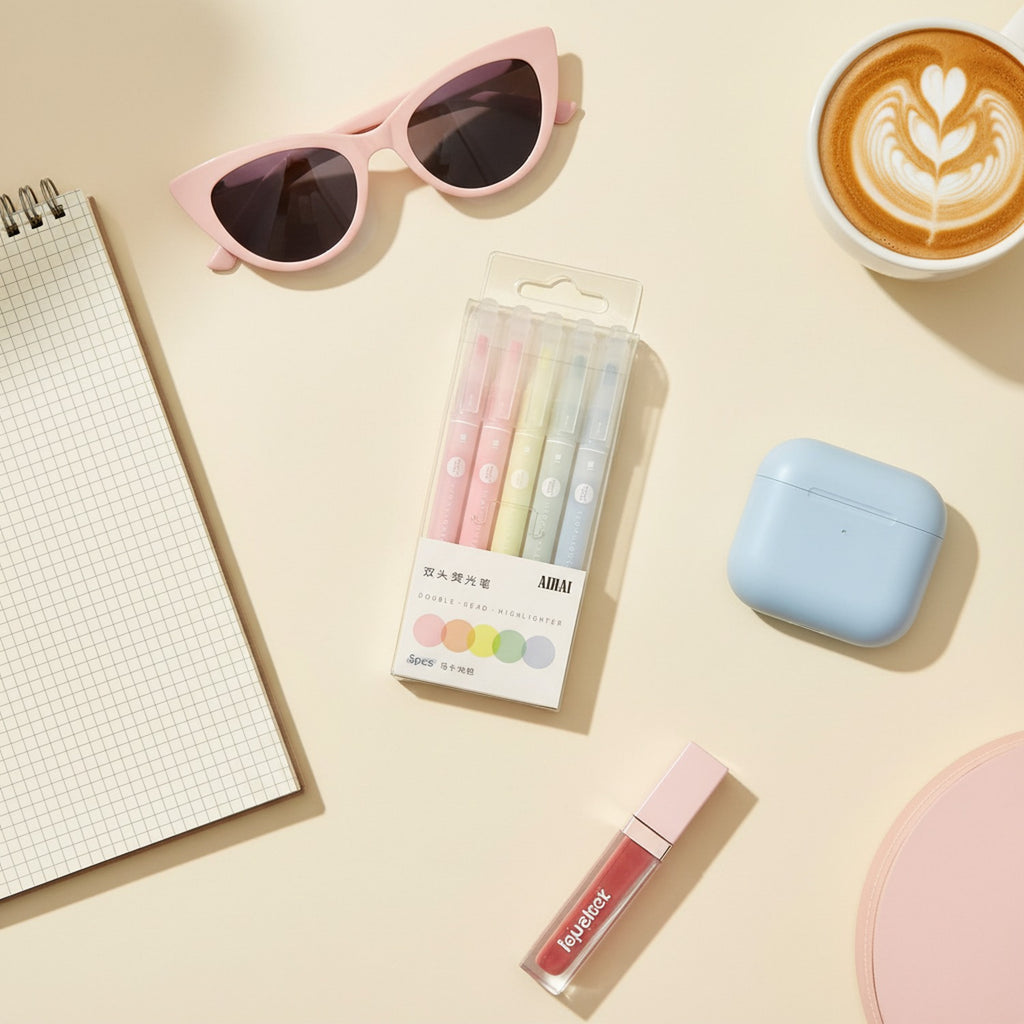 Double Head Highlighter Pen Set - 5 Piece Colors - Macaron Color Set - 5 Pieces – stationery (view 3)