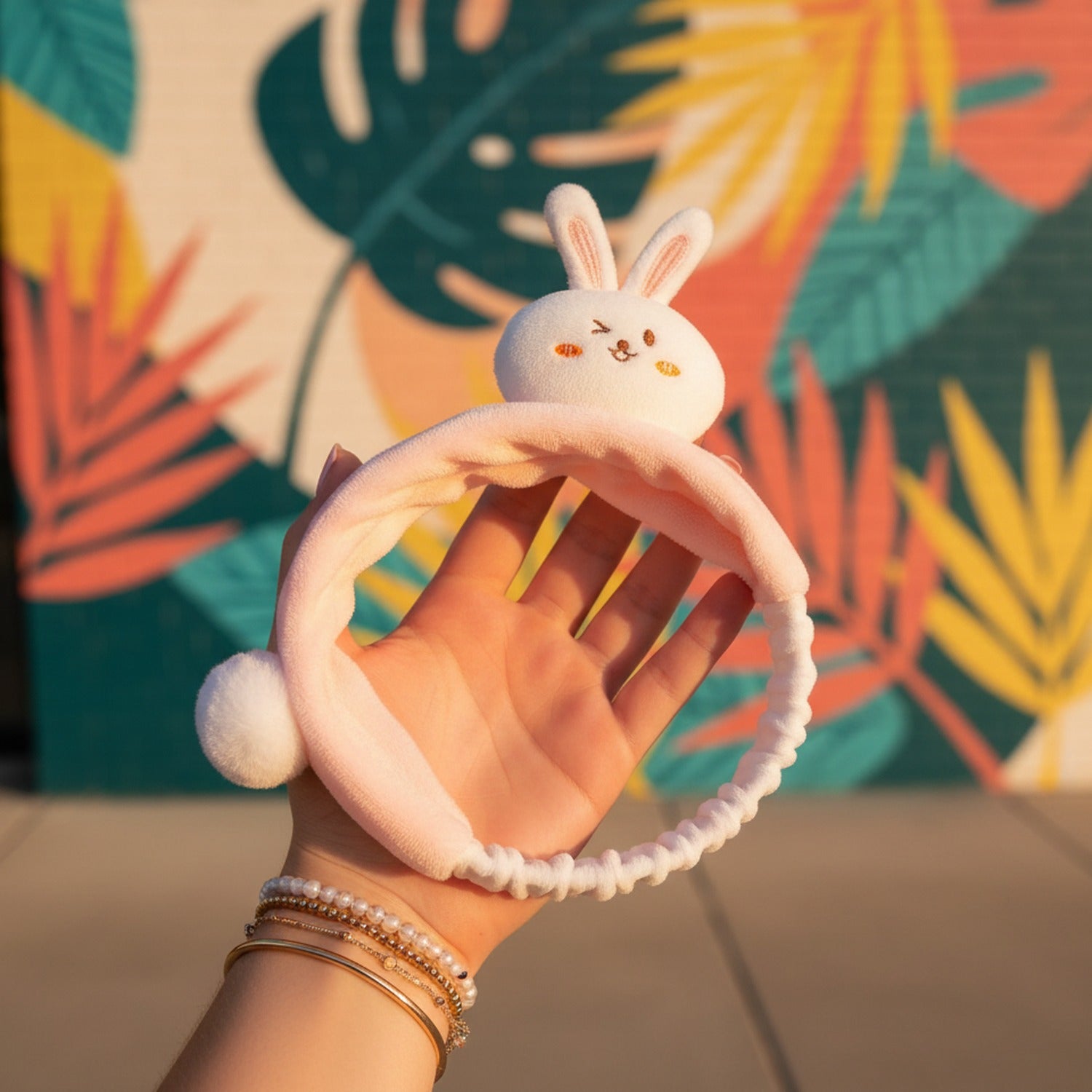 Bunny Ear Pink Plush Hairband With Charm