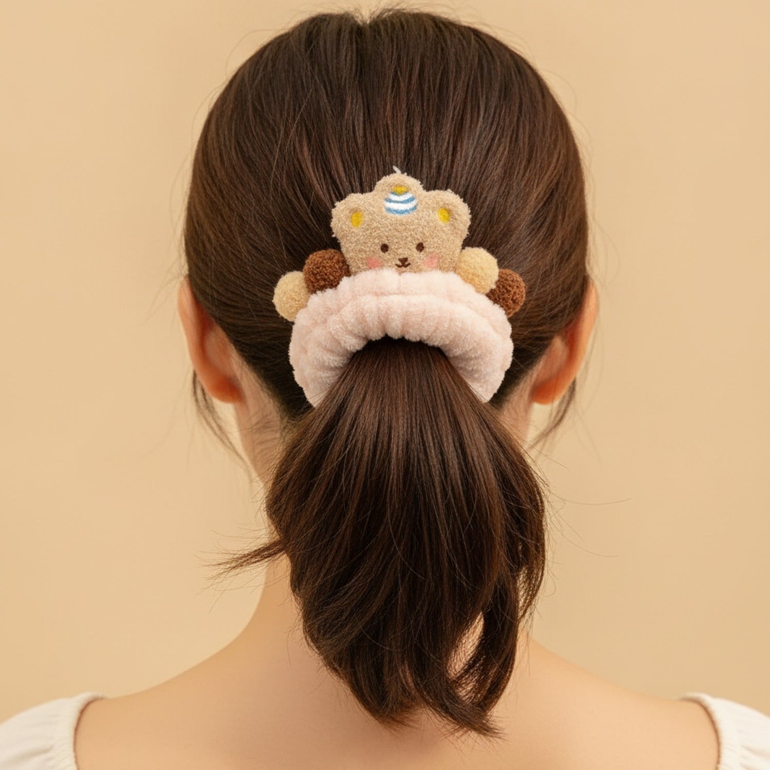 Teddy Bear Plush Hair Ring With Charm Details