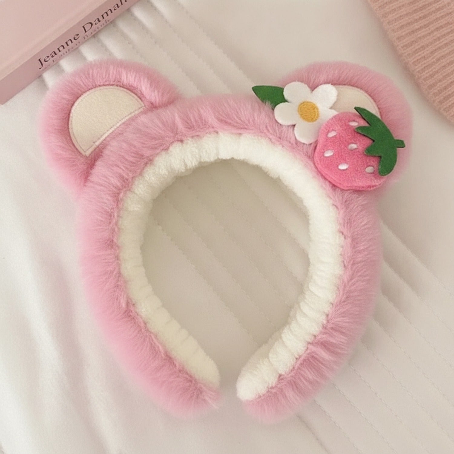 Pink Plush Bear Hairband With Flower Charm