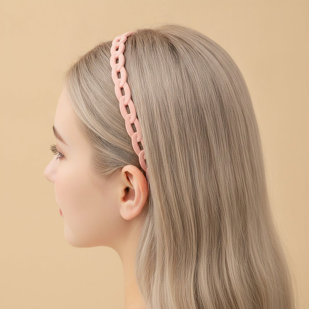 Braided Padded Headband with Cutout Details - Matte Chain Hair Hoop Korean Pink