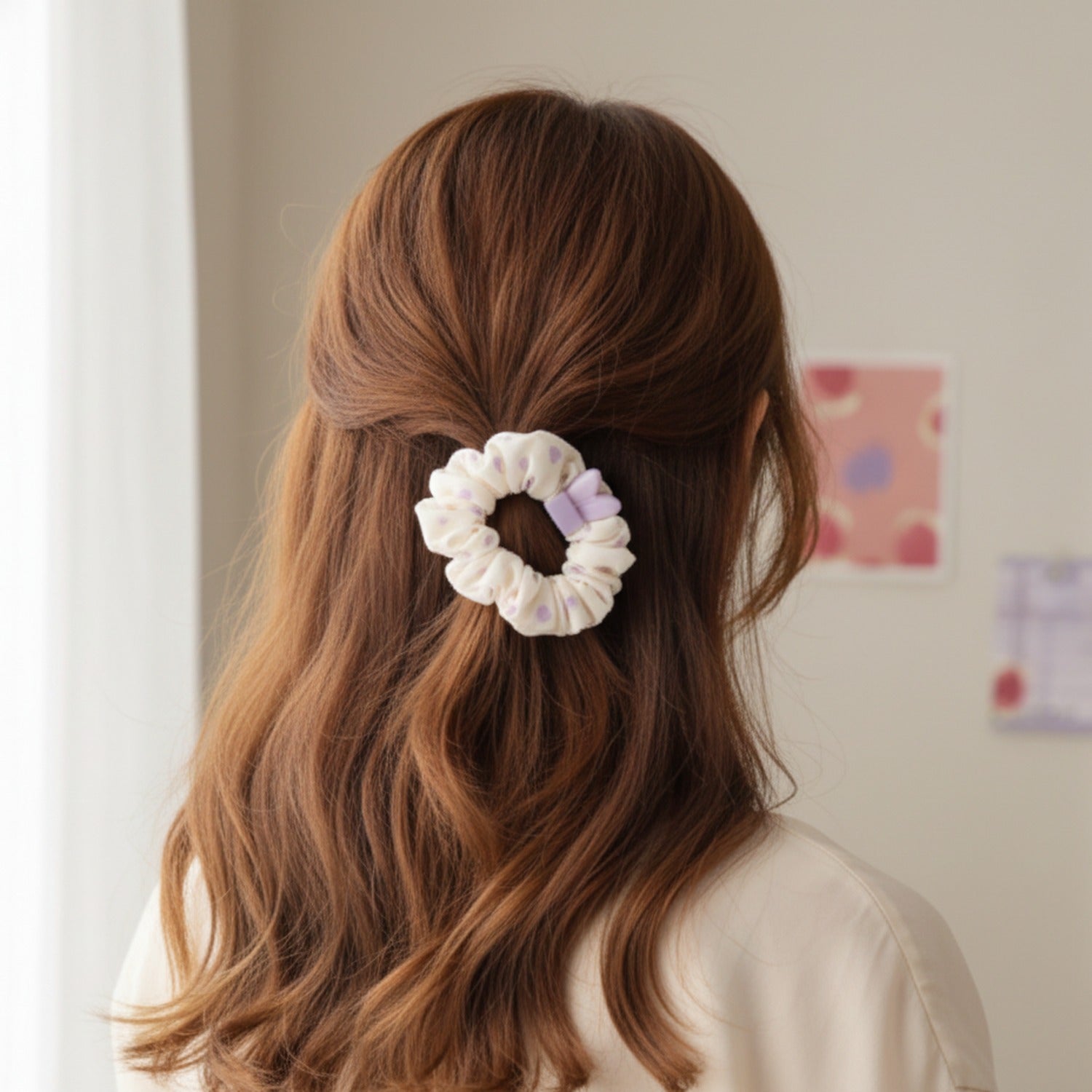 Cream Ruched Hair Scrunchie With Purple Clip