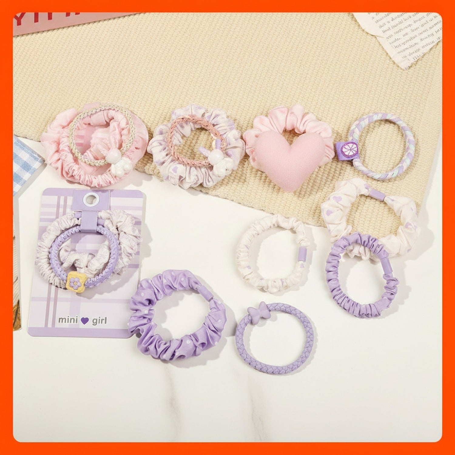 Cream Ruched Hair Scrunchie With Purple Clip