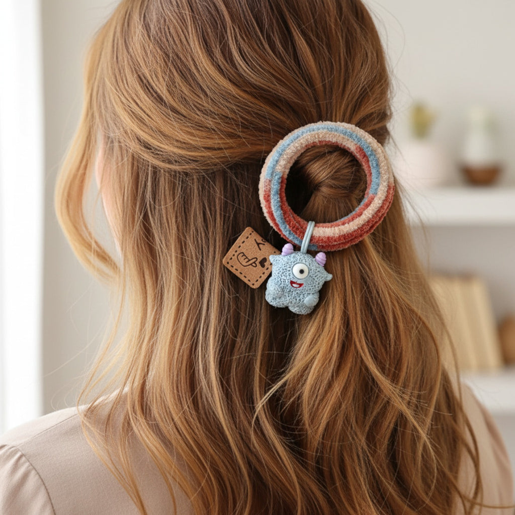 Textured Monster Charm Hair Scrunchie with Leather Tag