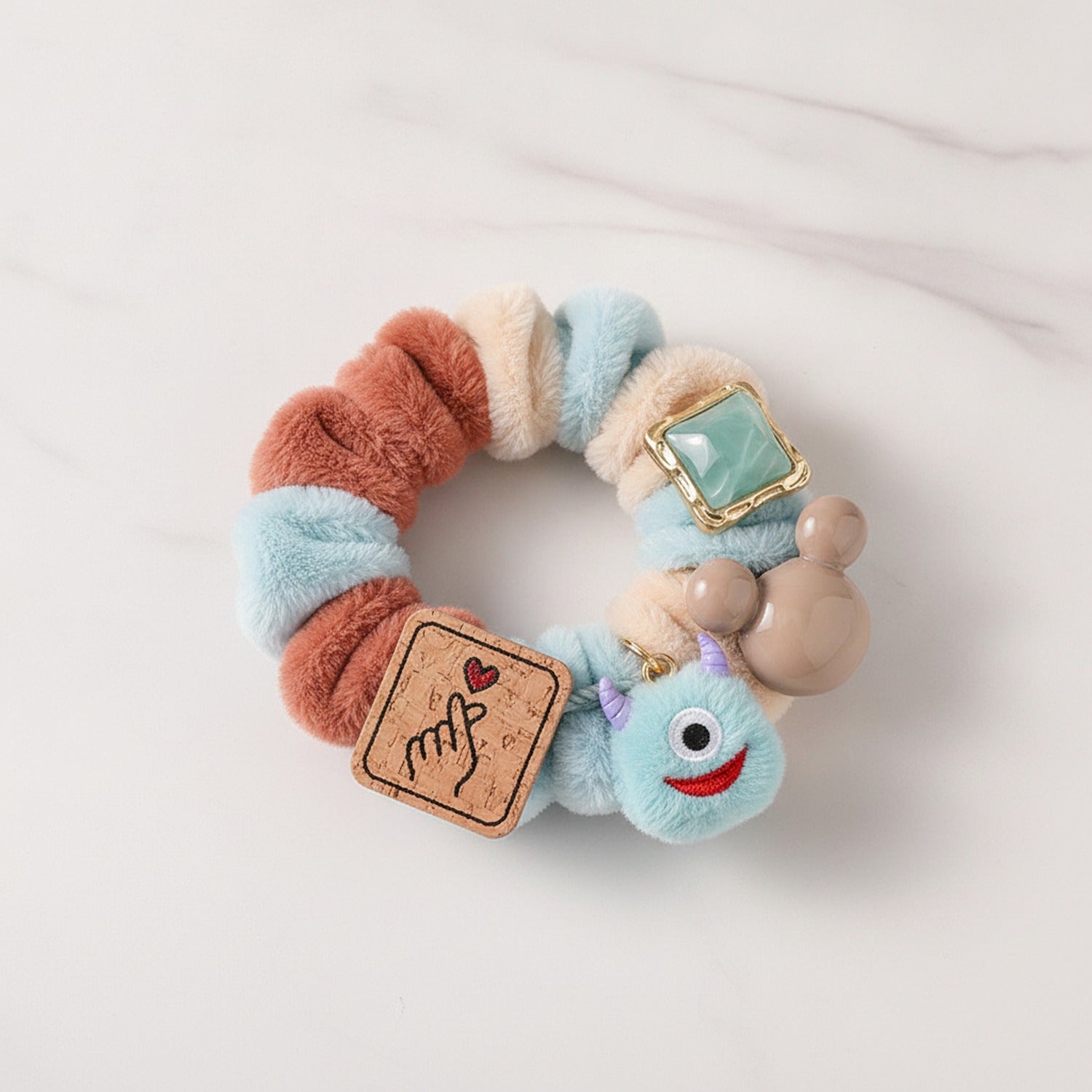 Textured Monster Charm Hair Scrunchie with Leather Tag