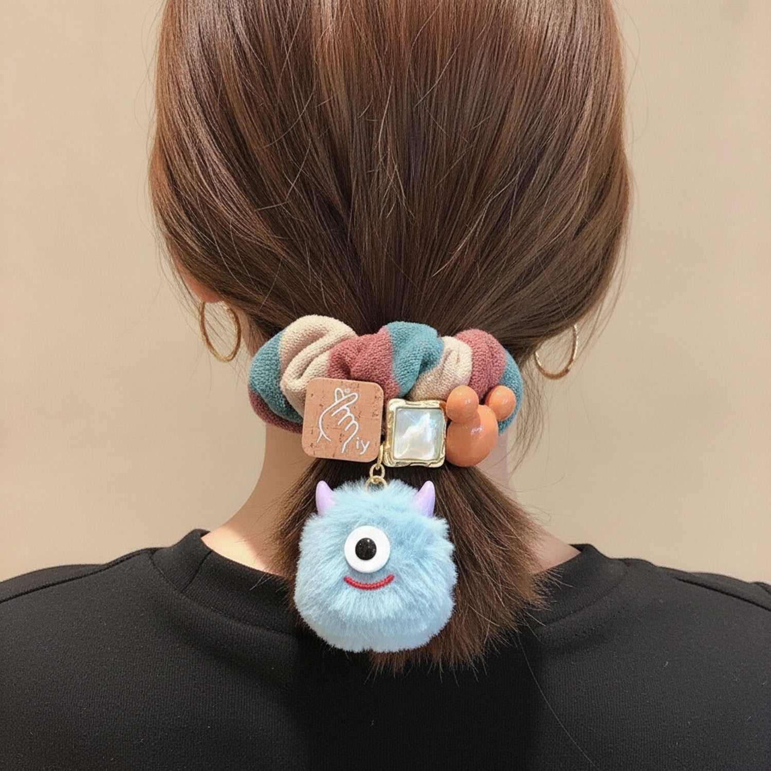 Textured Monster Charm Hair Scrunchie with Leather Tag