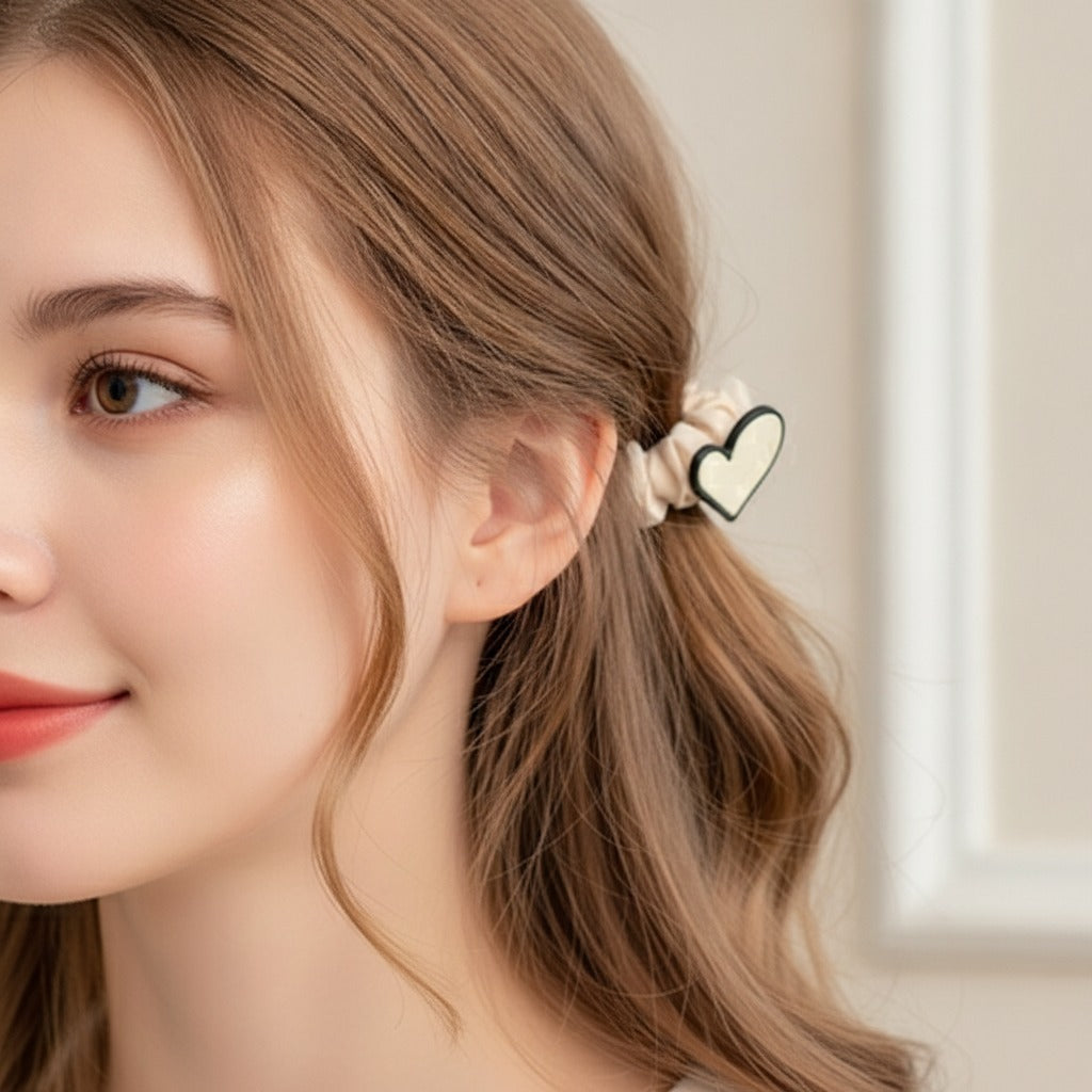 Cream Heart Charm Satin Scrunchie – hair accessories (view 2)
