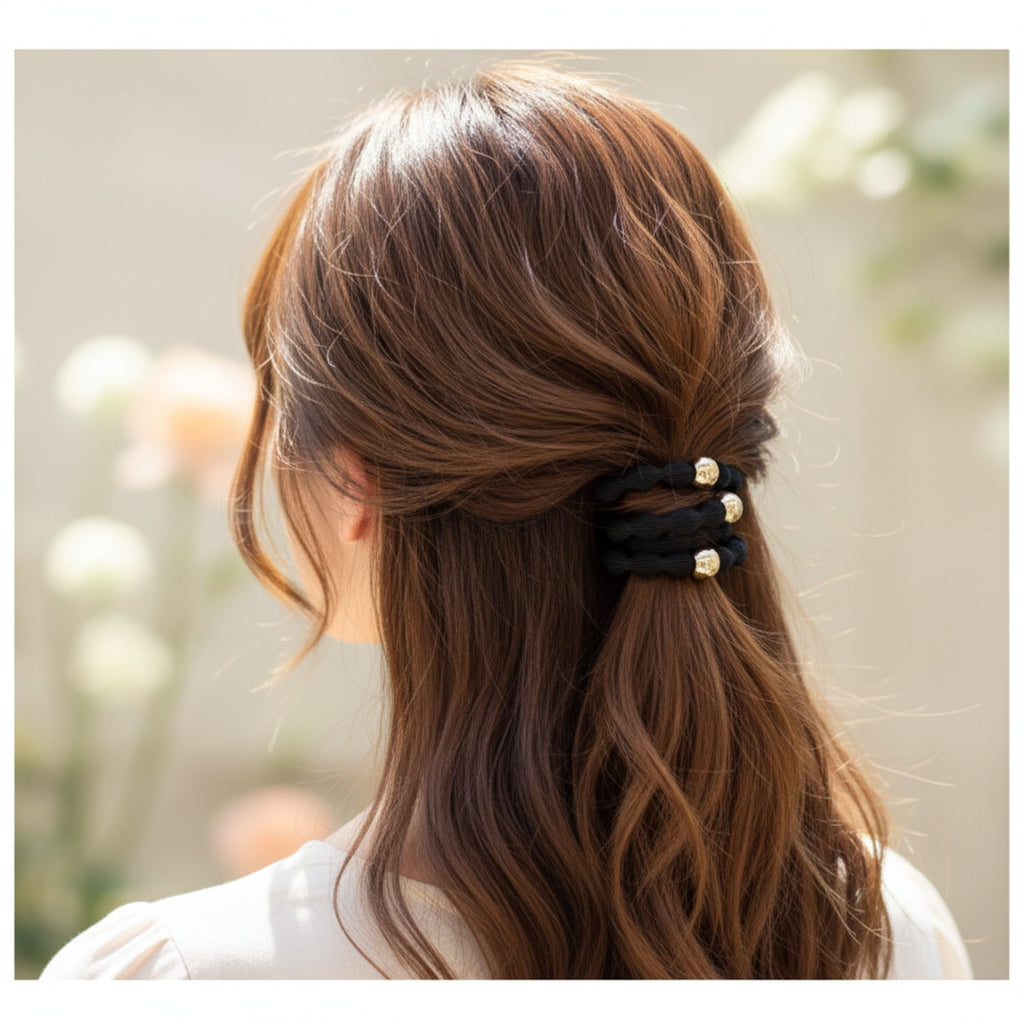 Black Wavy Scrunchies With Gold Beads