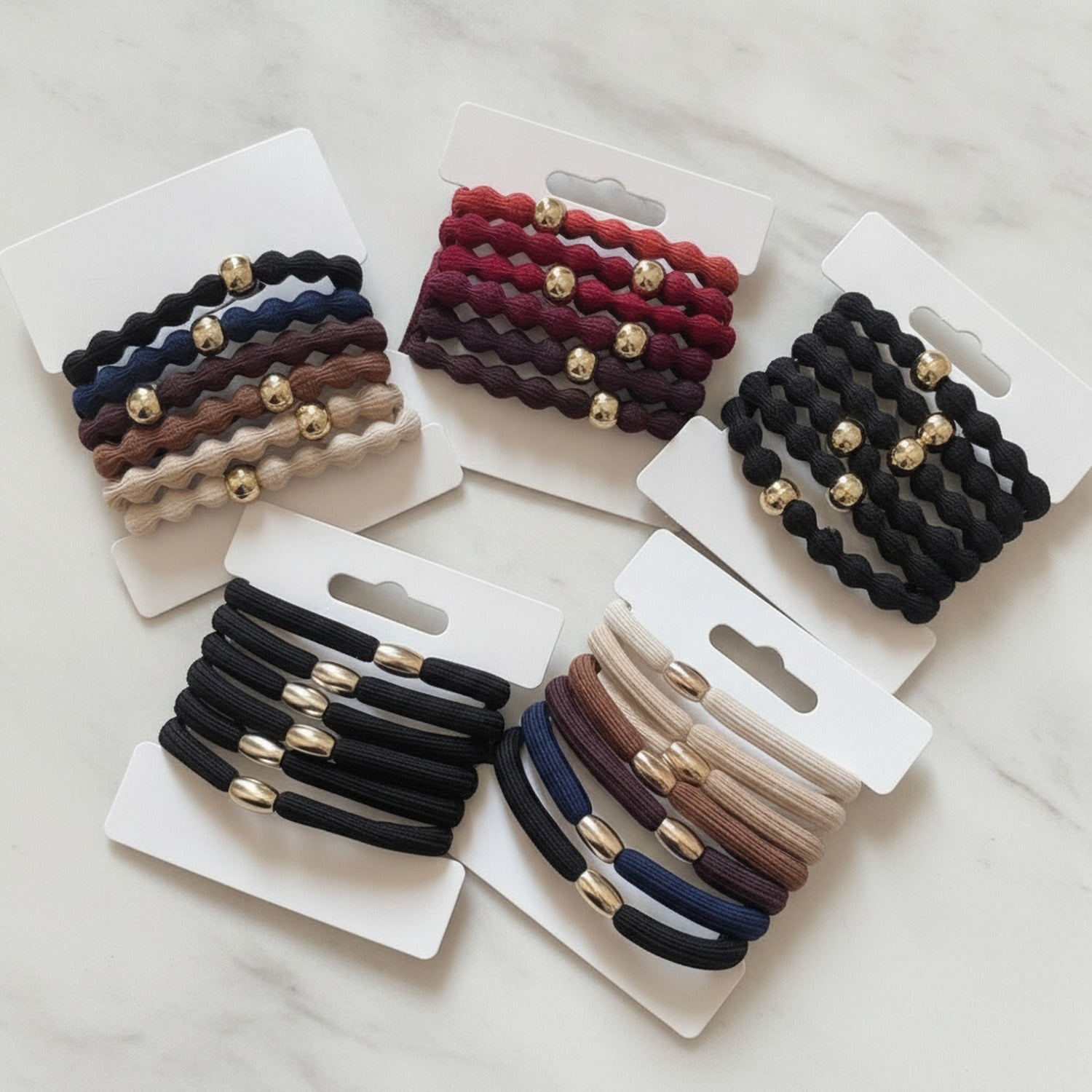 Black Wavy Scrunchies With Gold Beads