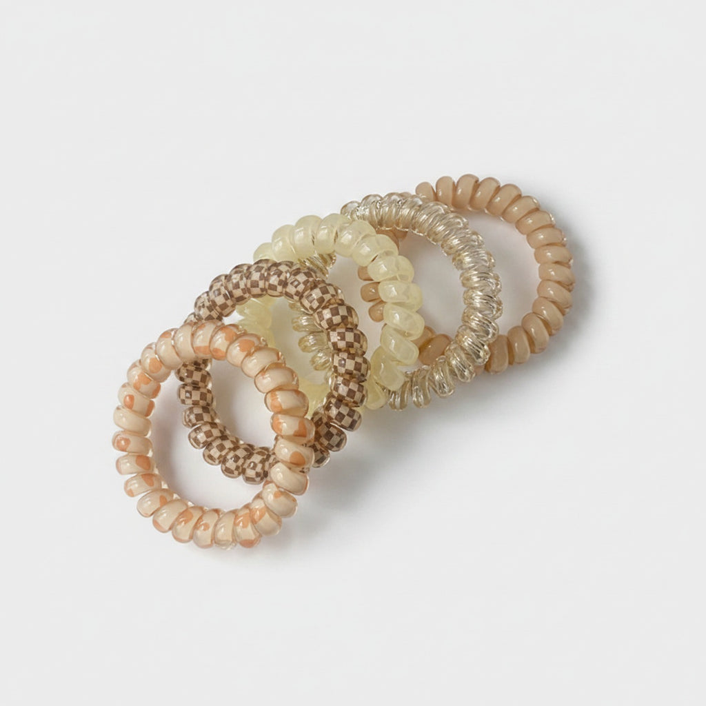 Spiral Hair Ties Beaded Neutral Tone Set