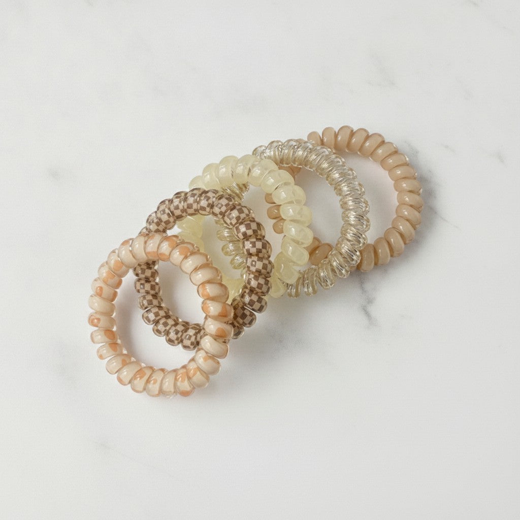 Spiral Hair Ties Beaded Neutral Tone Set