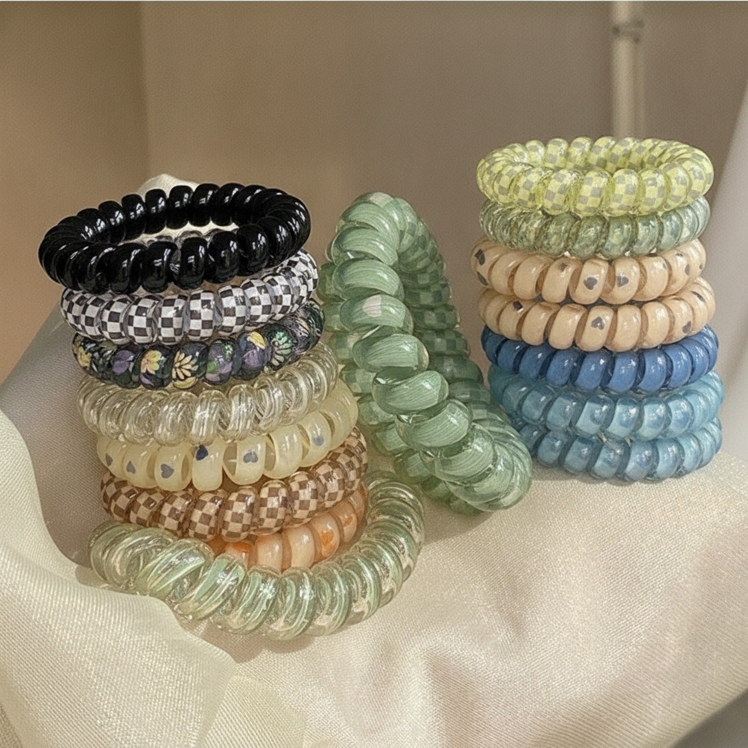 Beaded Metal Spiral Hair Ties Set Four Pack