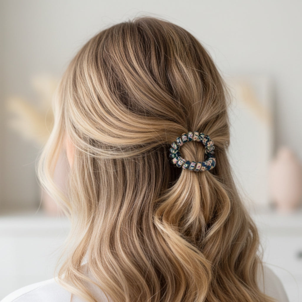 Spiral Beaded Hair Ties Set Blue Floral