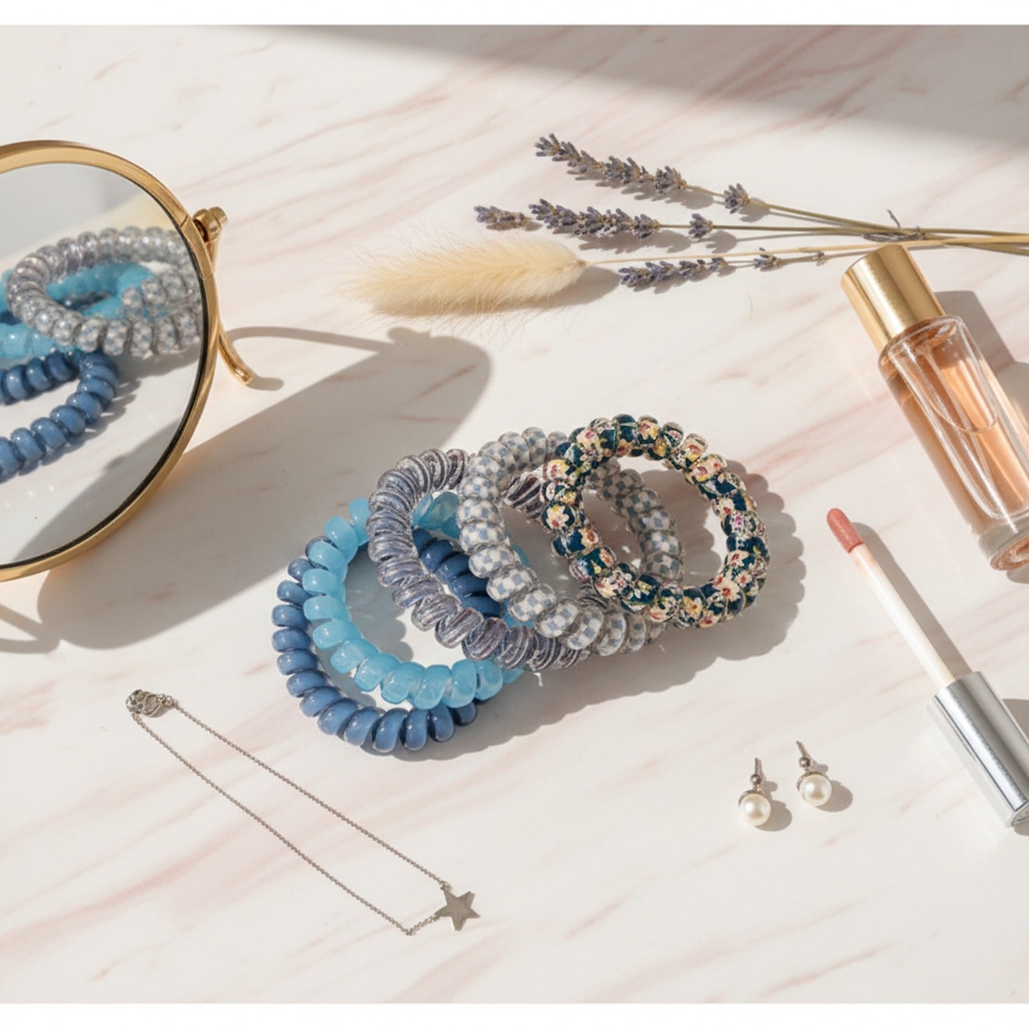 Spiral Beaded Hair Ties Set Blue Floral – hair accessories (view 2)
