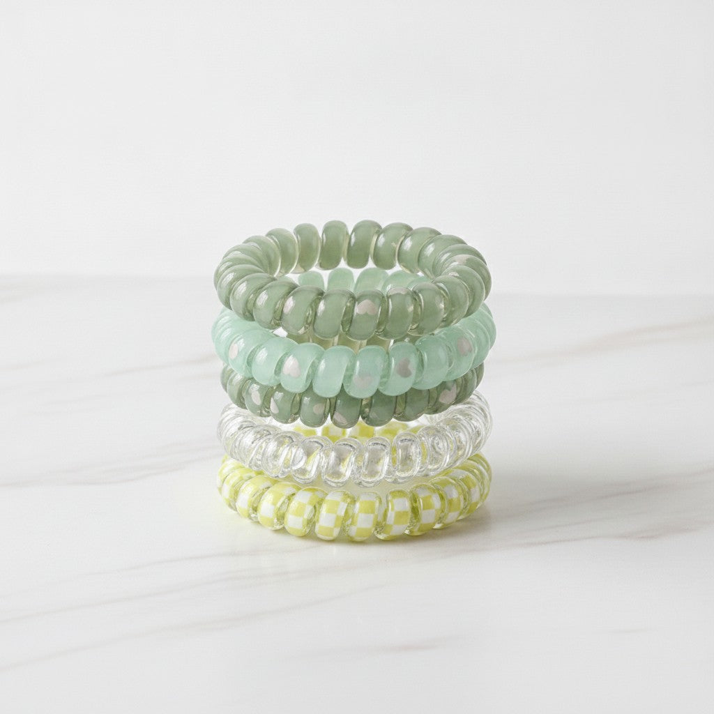 Beaded Spiral Hair Ties Set Green
