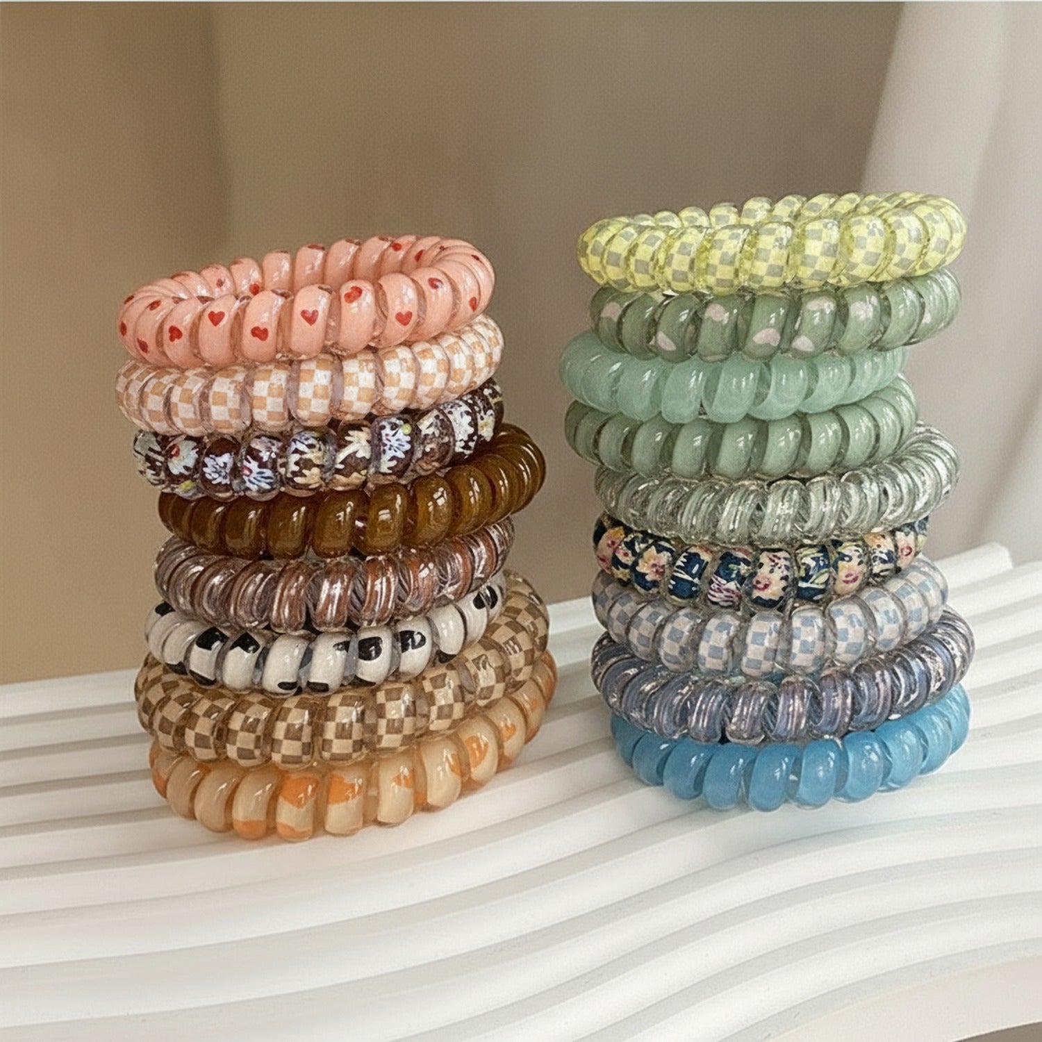 Spiral Coil Hair Ties Beaded Pearl Set