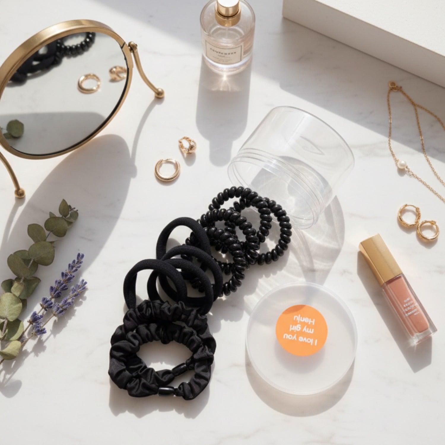 Black Velvet Scrunchies Set with Water Bottle – hair accessories (view 2)
