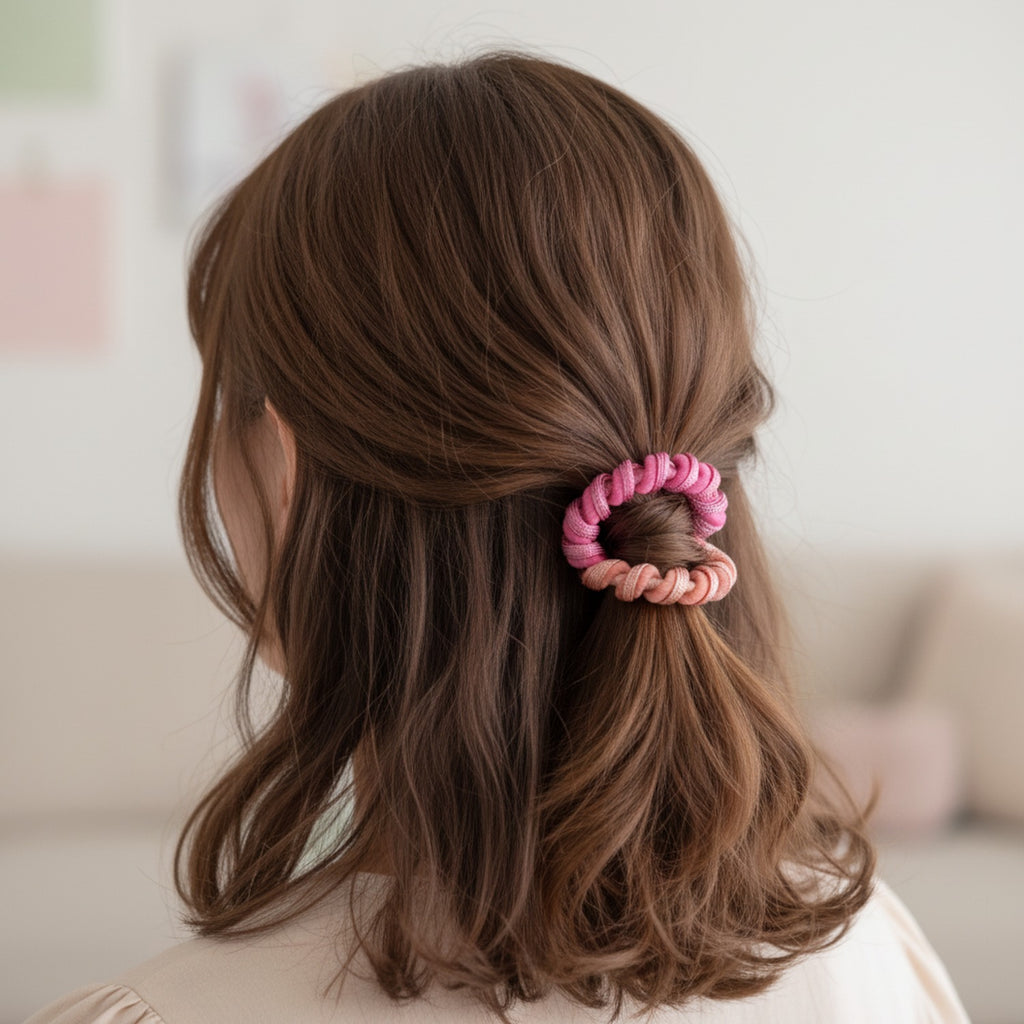 Textured Ruched Scrunchie Set In Mauve Pink